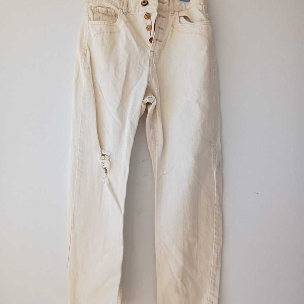 Zara Denim Collection Distressed High-Rise Button Fly Jeans - Off White, Size 00